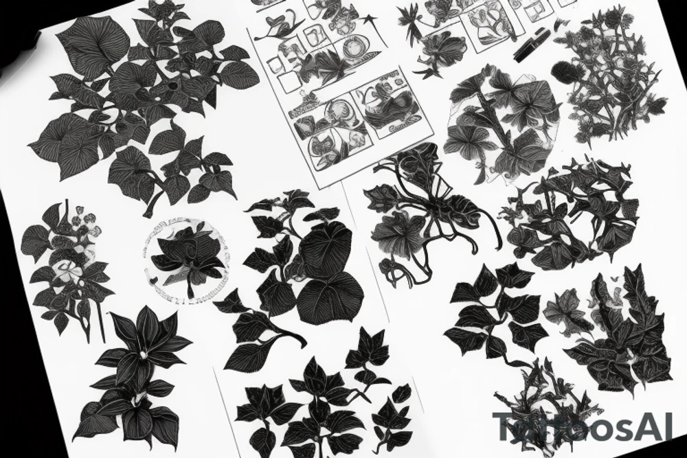 Herbarium with creepers, poison ivy and flowers tattoo idea