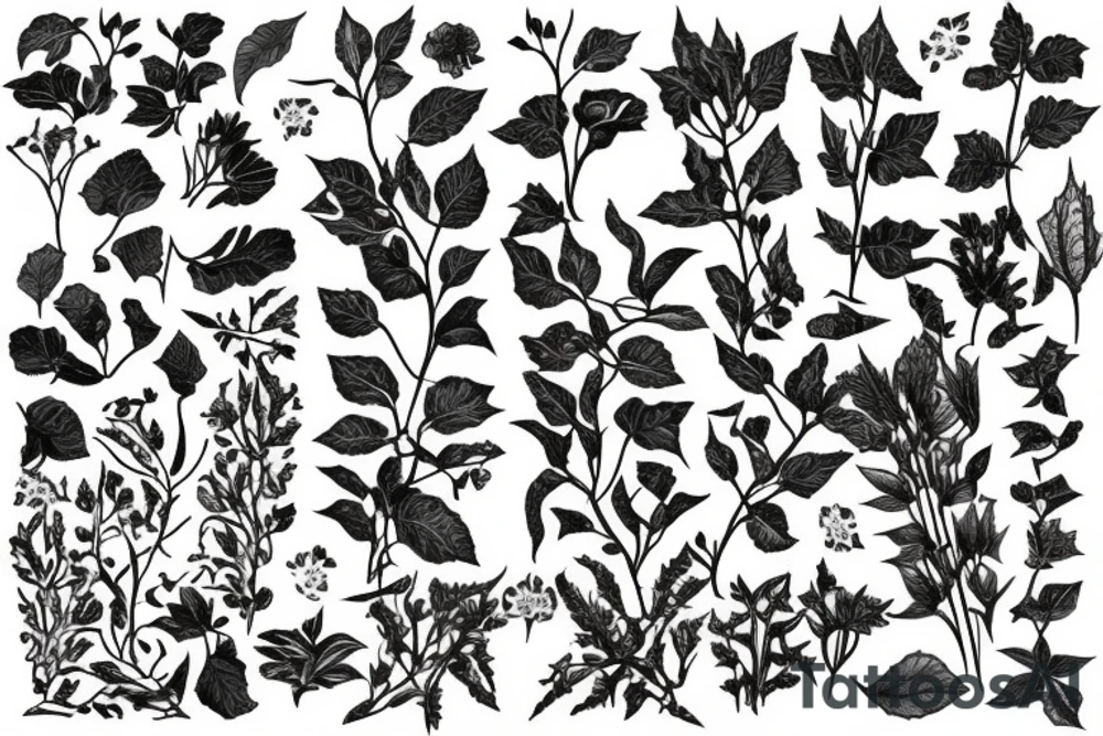 Herbarium with creepers, poison ivy and flowers tattoo idea