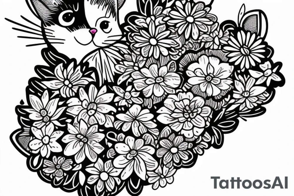 Cat with flower inside colour tattoo idea