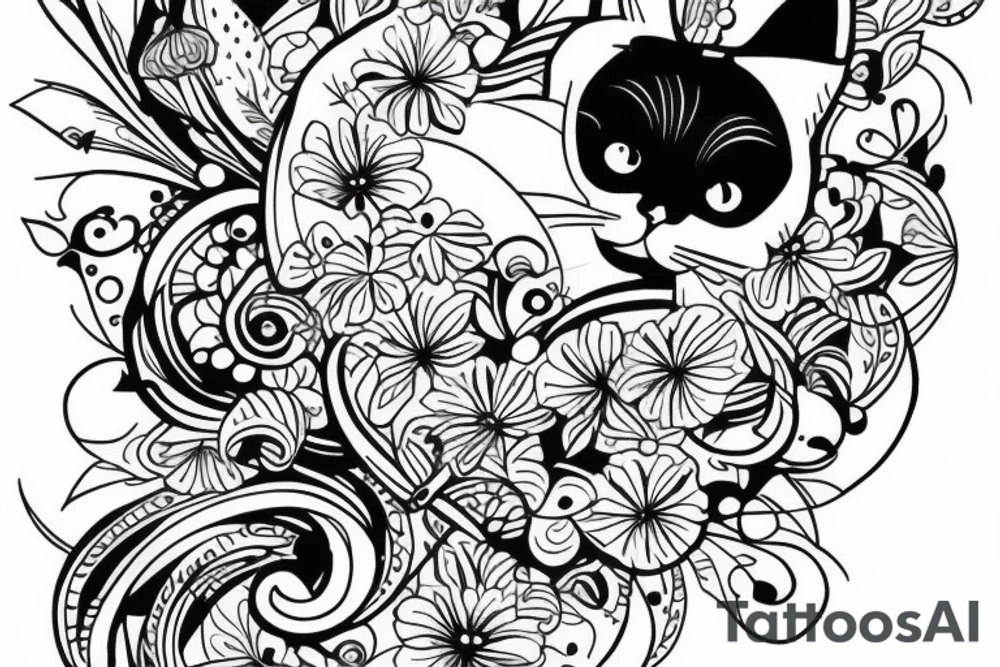 Cat with flower inside colour tattoo idea
