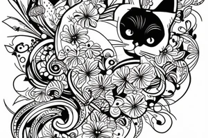 Cat with flower inside colour tattoo idea