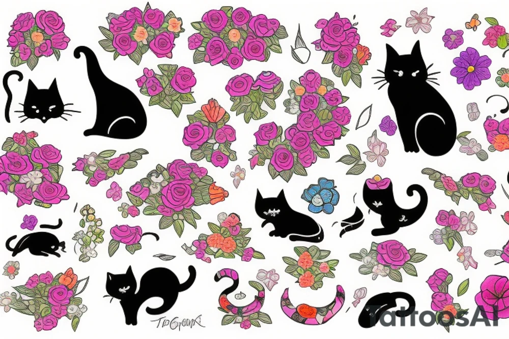 cat with flowers tattoo idea