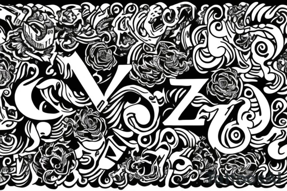 The letter W surrounded by the letters K C G Z Z R tattoo idea