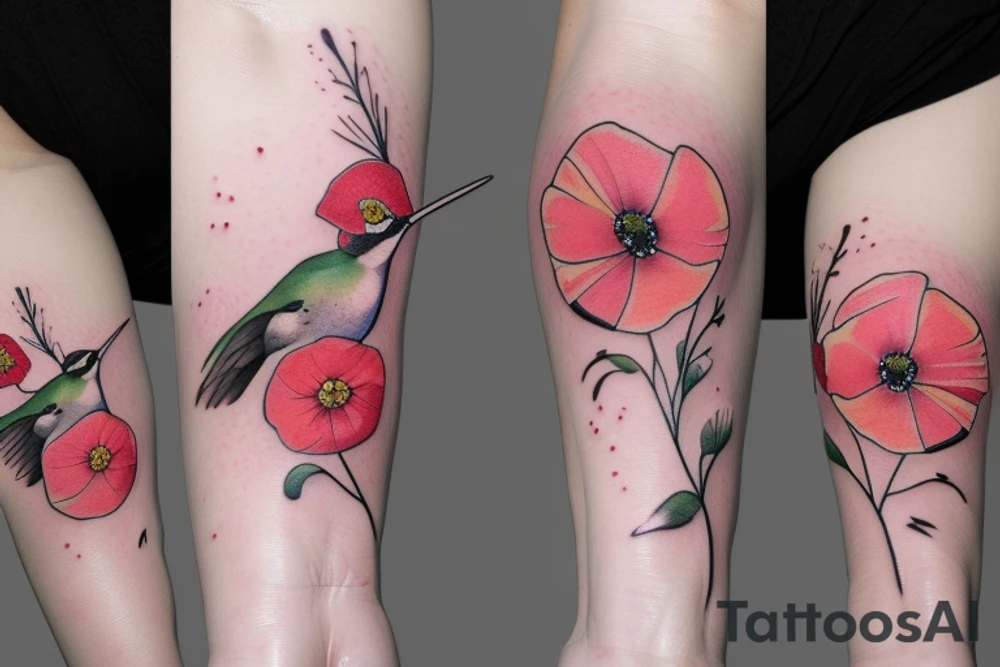 humming bird with a poppy, an apple blossom flower, a cherry blossom flower, and a daisy tattoo idea