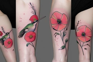 humming bird with a poppy, an apple blossom flower, a cherry blossom flower, and a daisy tattoo idea