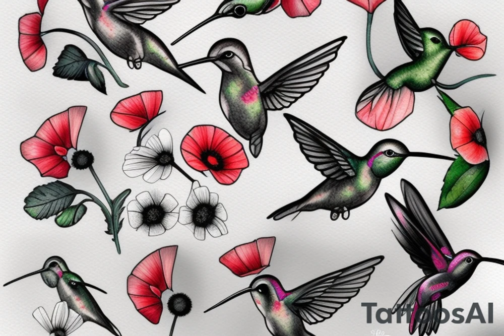 humming bird with a poppy, an apple blossom flower, a cherry blossom flower, and a daisy tattoo idea