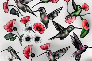 humming bird with a poppy, an apple blossom flower, a cherry blossom flower, and a daisy tattoo idea