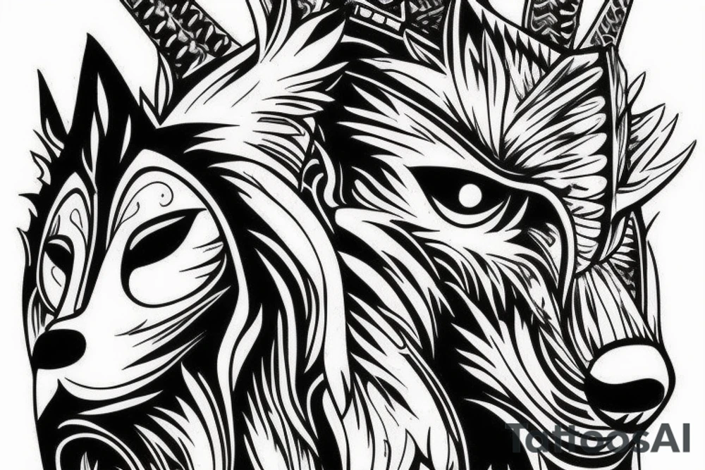 A wolf with a mask of a god getting shredded tattoo idea
