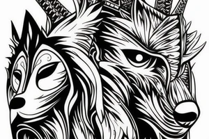 A wolf with a mask of a god getting shredded tattoo idea
