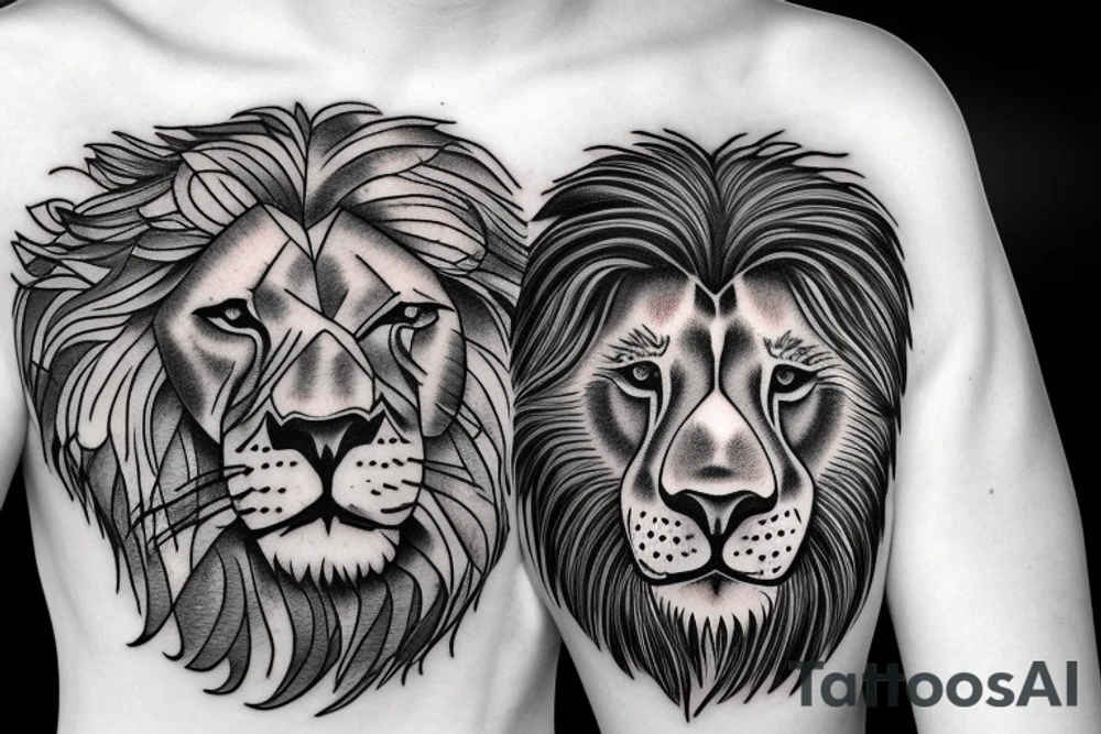 Male lion looking at his re-election in a pool of water but seeing a lion cub tattoo idea
