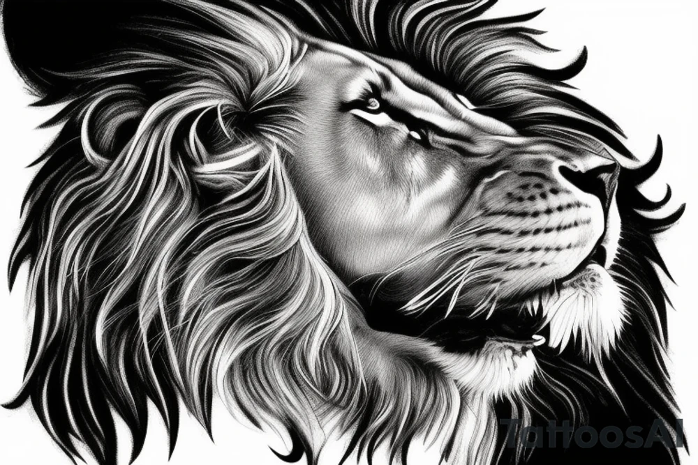Male lion looking at his re-election in a pool of water but seeing a lion cub tattoo idea