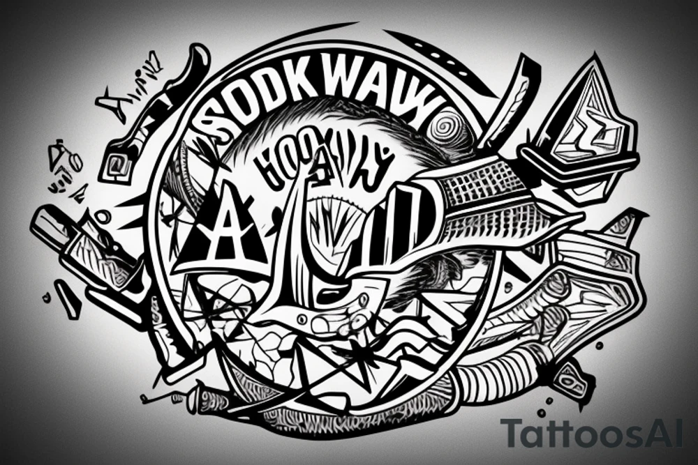 A honda trail 90 surrounded by a circle sawmill blade with the words smoke and sawdust above and below the honda trail tattoo idea