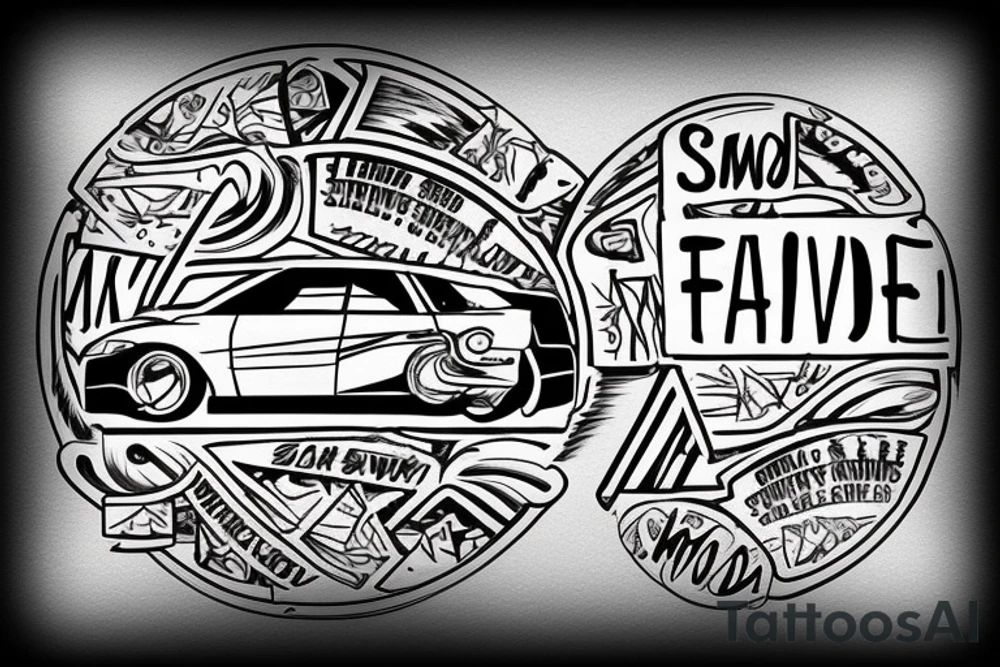 A honda trail 90 surrounded by a circle sawmill blade with the words smoke and sawdust above and below the honda trail tattoo idea