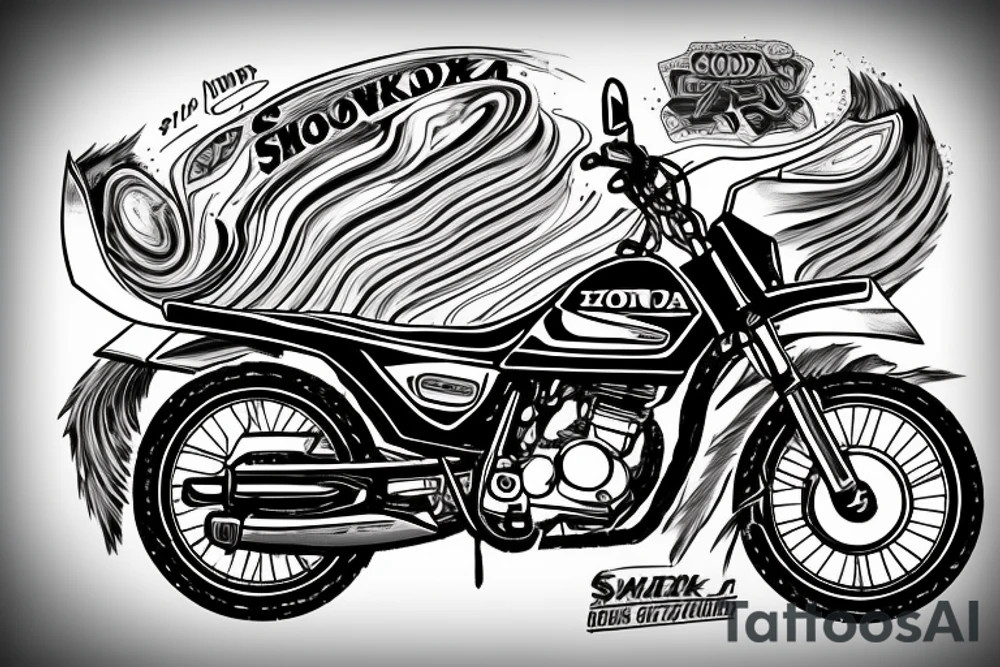 A honda trail 90cc surrounded by a circle sawmill blade with the words "smoke & sawdust" above and below the trail 90 tattoo idea