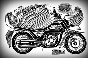 A honda trail 90cc surrounded by a circle sawmill blade with the words "smoke & sawdust" above and below the trail 90 tattoo idea