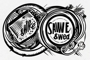 A circle sawmill blade containing the words "smoke & sawdust" surrounding a honda motorcycle in a retro 80s style tattoo idea