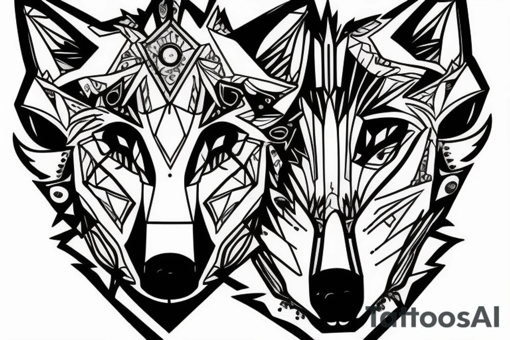 wolf face with half the face as electronic circuitry tattoo idea