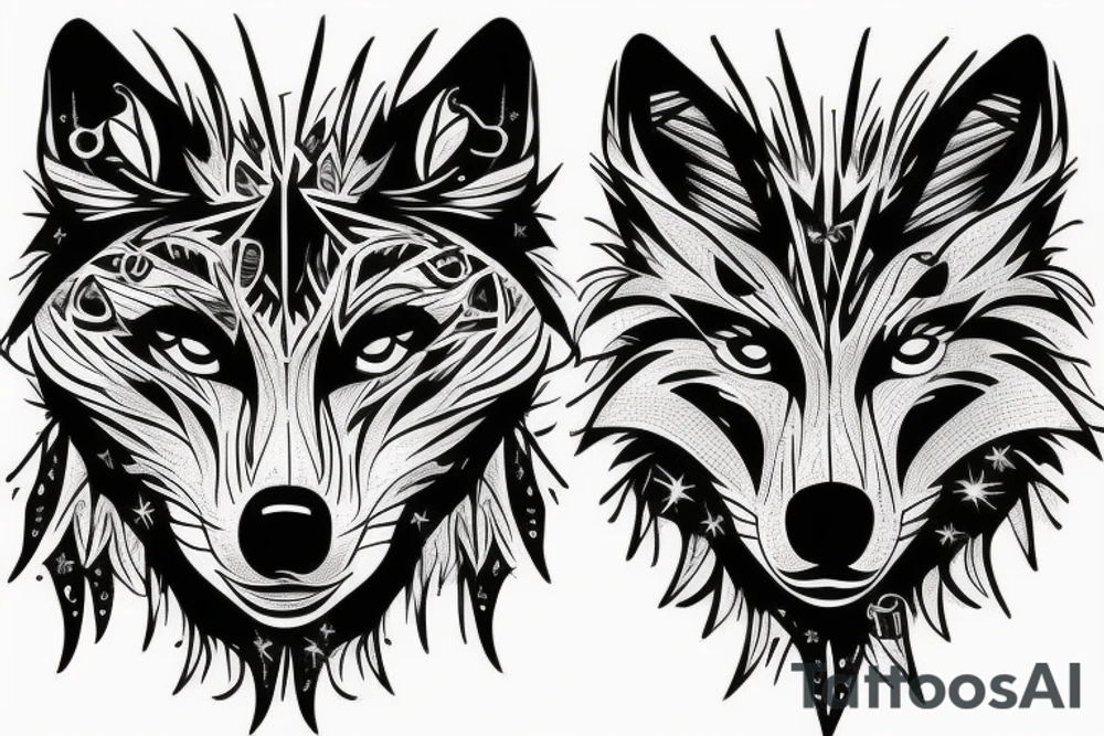 wolf face with half the face as electronic circuitry tattoo idea