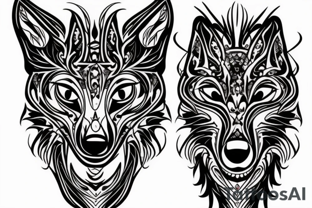 wolf face with half the face as electronic circuitry tattoo idea