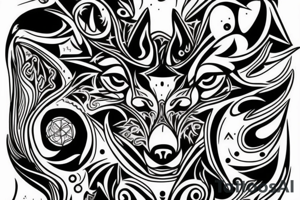 wolf face with half the face as electronic circuitry tattoo idea