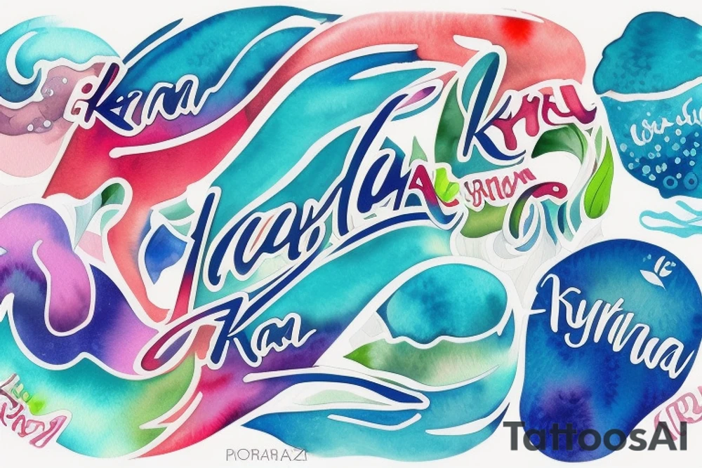 A colourful ocean spray with the word "Kyria" in it tattoo idea
