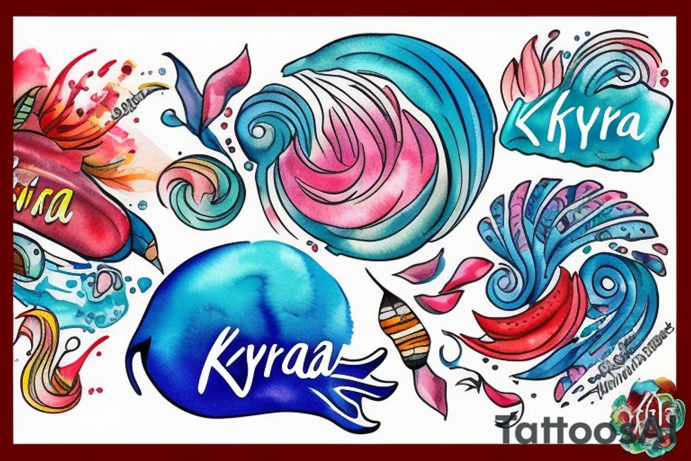 A colourful ocean spray with the word "Kyria" in it tattoo idea