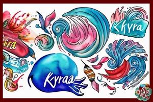 A colourful ocean spray with the word "Kyria" in it tattoo idea