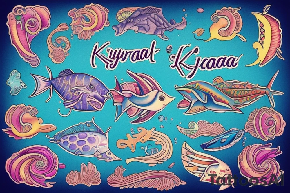 A colourful ocean spray with the word "Kyria" in it tattoo idea