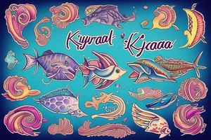 A colourful ocean spray with the word "Kyria" in it tattoo idea