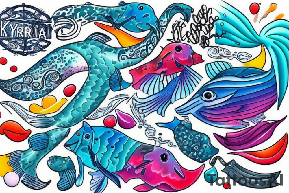 A colourful ocean spray with the word "Kyria" in it tattoo idea