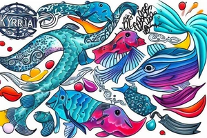 A colourful ocean spray with the word "Kyria" in it tattoo idea