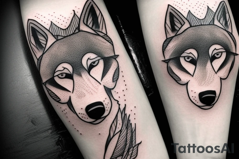 inner forearm tattoo of a wolf face, half of the face should be made out of abstract lines and the eyes of the wolf should be dollar signs tattoo idea