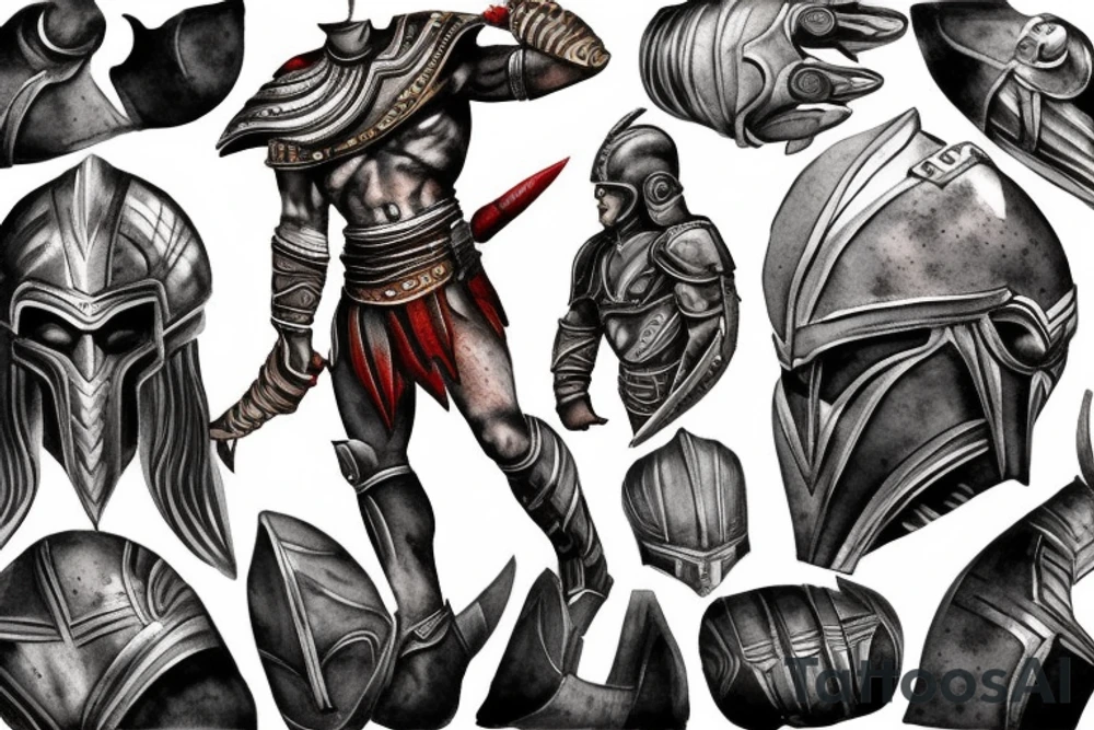 spartan full body man with helmet god of war tattoo idea