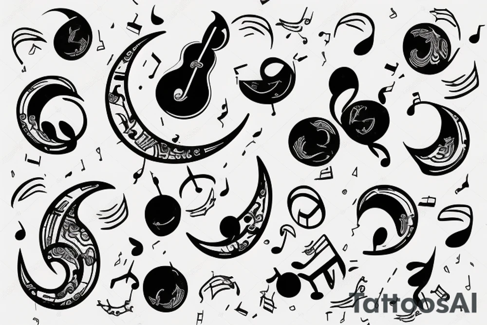 Moon with music notes tattoo idea