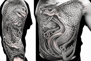 Outer sleeve tattoo with a komodo dragon, eagle and oryx tattoo idea