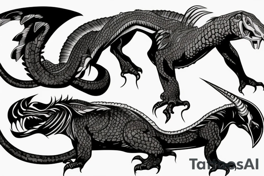 Outer sleeve tattoo with a komodo dragon, eagle and oryx tattoo idea