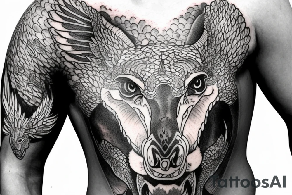 Outer sleeve tattoo with three animals that are a komodo dragon, an eagle and an oryx tattoo idea