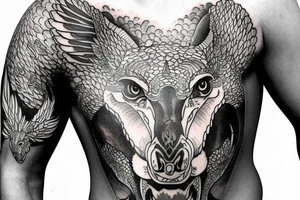 Outer sleeve tattoo with three animals that are a komodo dragon, an eagle and an oryx tattoo idea