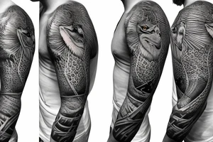 Outer sleeve tattoo with three animals that are a komodo dragon, an eagle and an oryx tattoo idea