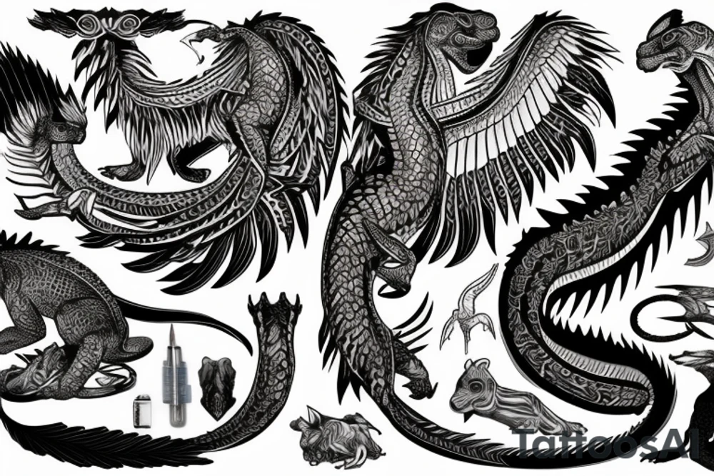 Outer sleeve tattoo with three animals that are a komodo dragon, an eagle and an oryx tattoo idea