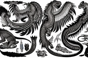 Outer sleeve tattoo with three animals that are a komodo dragon, an eagle and an oryx tattoo idea