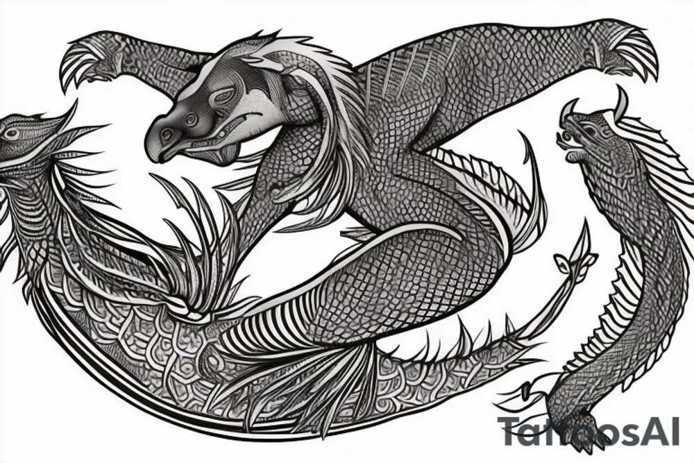 Outer sleeve tattoo with three animals that are a komodo dragon, an eagle and an oryx tattoo idea