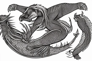 Outer sleeve tattoo with three animals that are a komodo dragon, an eagle and an oryx tattoo idea