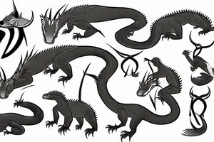 Three animals that are a komodo dragon, an eagle and an oryx tattoo idea