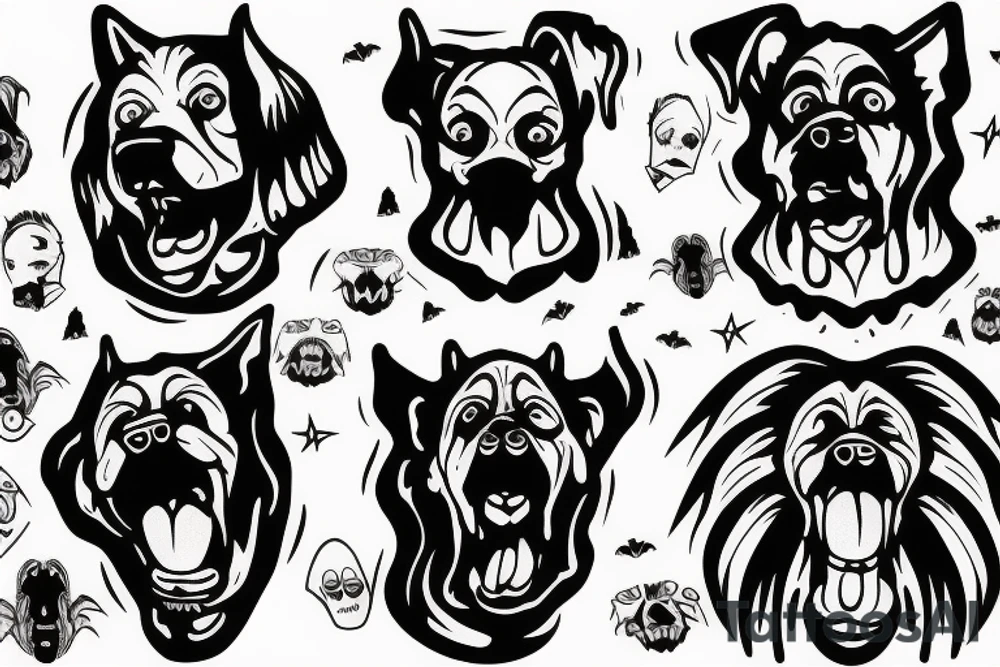 scary dog with 5 heads tattoo idea