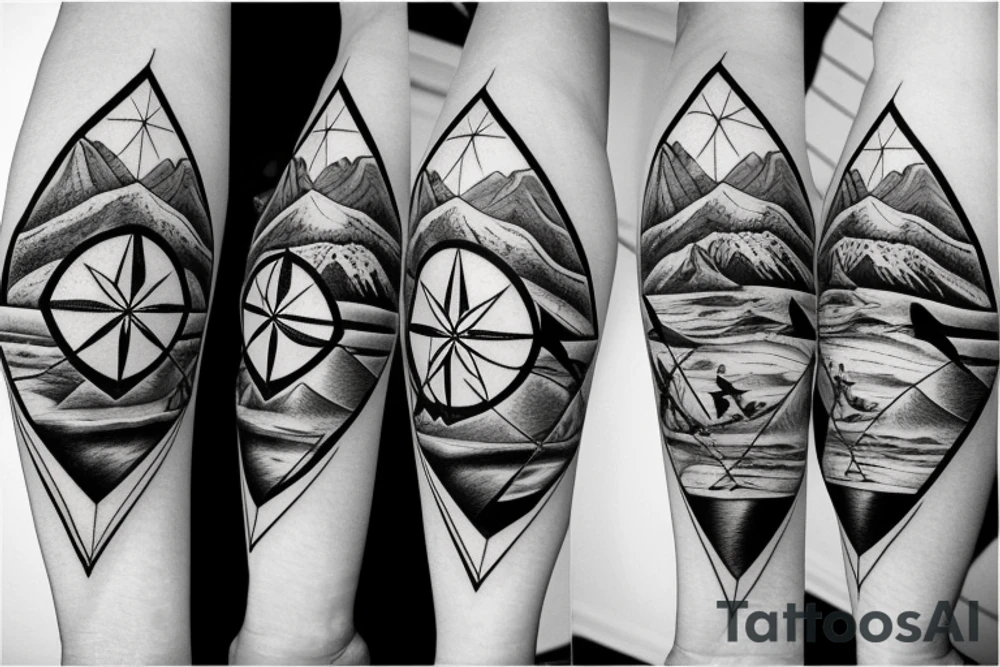 Hawaii, family, mountains, sea, woods, compass in triangles tattoo idea