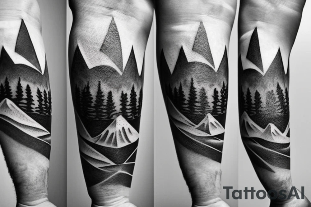 Minimal tattoo. For hand. Motives, family, father with two sons, mountains, sea, woods, compass in triangles tattoo idea