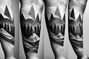 Minimal tattoo. For hand. Motives, family, father with two sons, mountains, sea, woods, compass in triangles tattoo idea