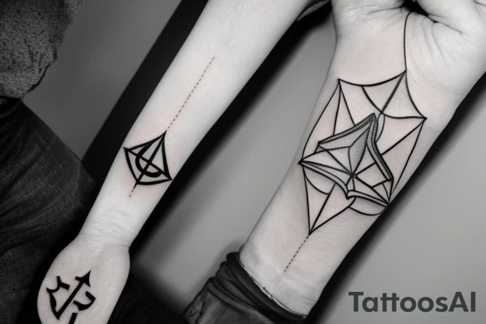 Minimal tattoo. For hand. Motives, family, father with two sons, mountains, sea, woods, compass in triangles tattoo idea