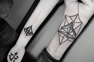 Minimal tattoo. For hand. Motives, family, father with two sons, mountains, sea, woods, compass in triangles tattoo idea